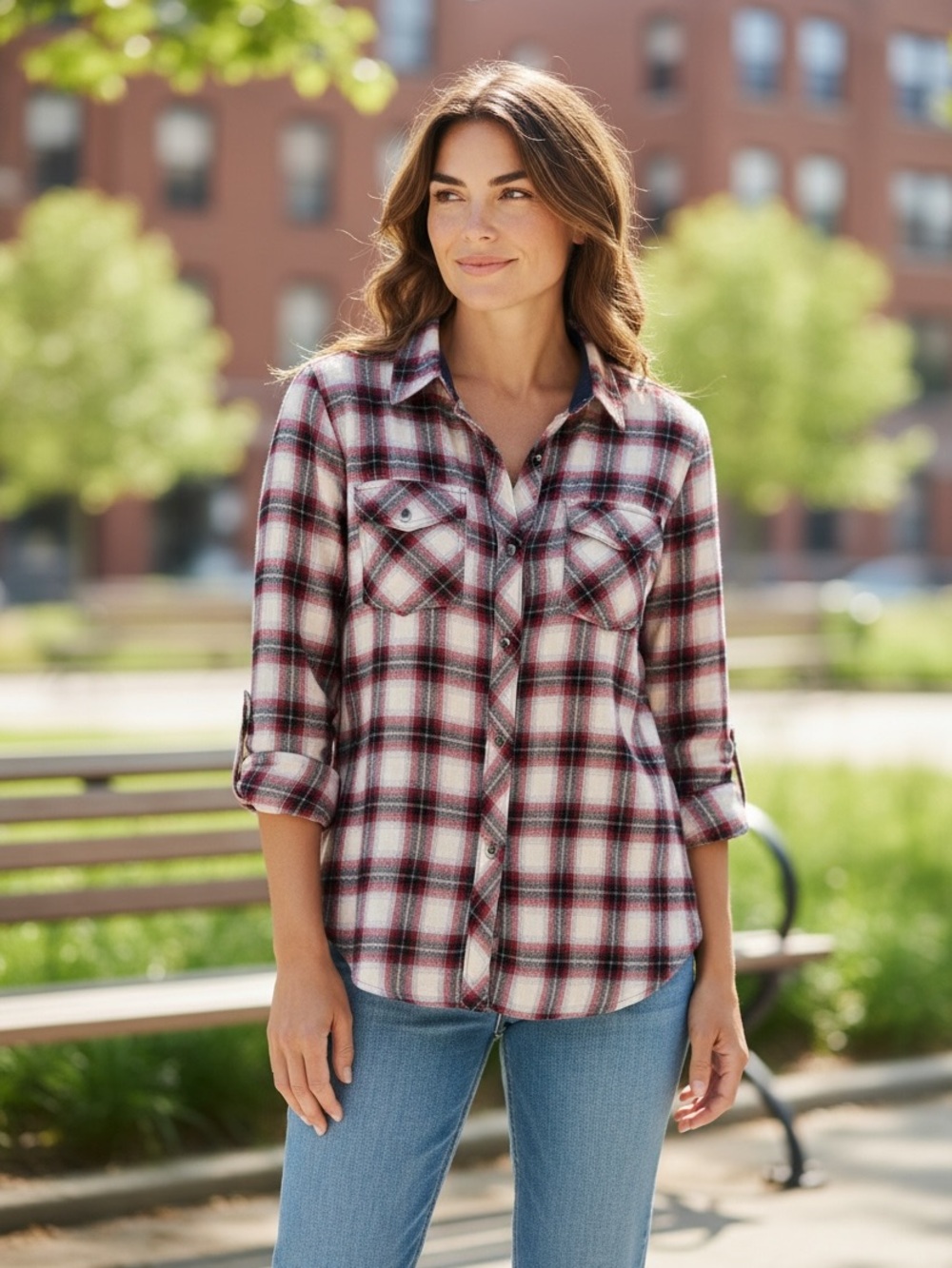 Kut from the Kloth White and Burgundy Plaid Snap Front Roll Tab Long Sleeve top